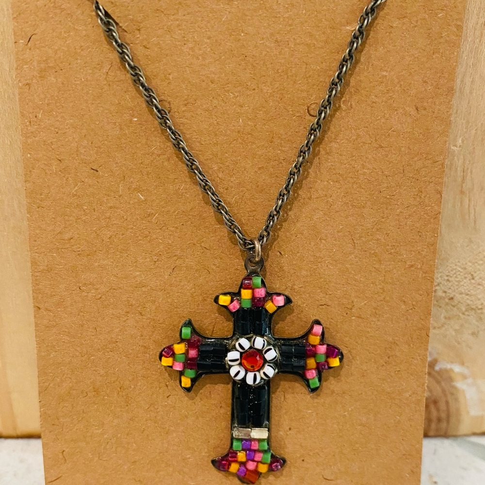 Ayalabar Colorful Mosaic Cross Pendant Necklace